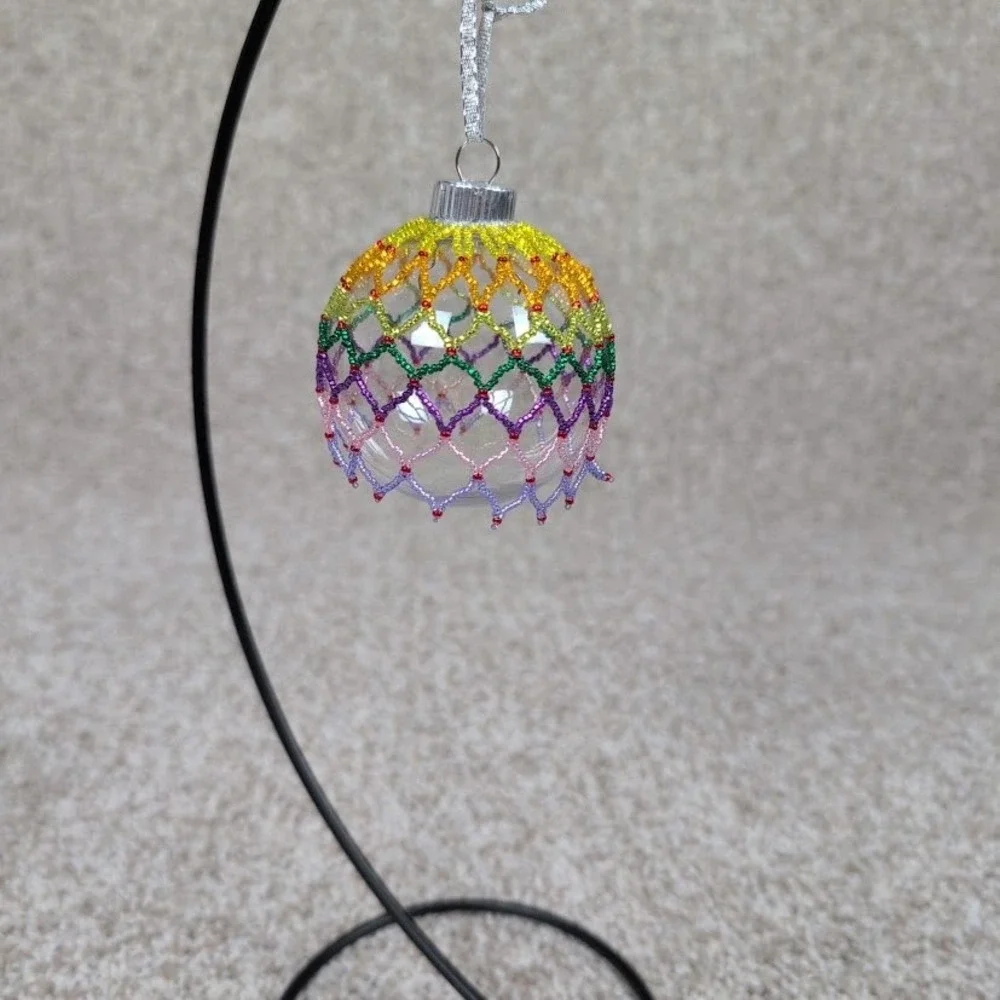 Handmade Beaded Sparkle Medley‎ Silver Ribbon Christmas Ornament Ball Holiday